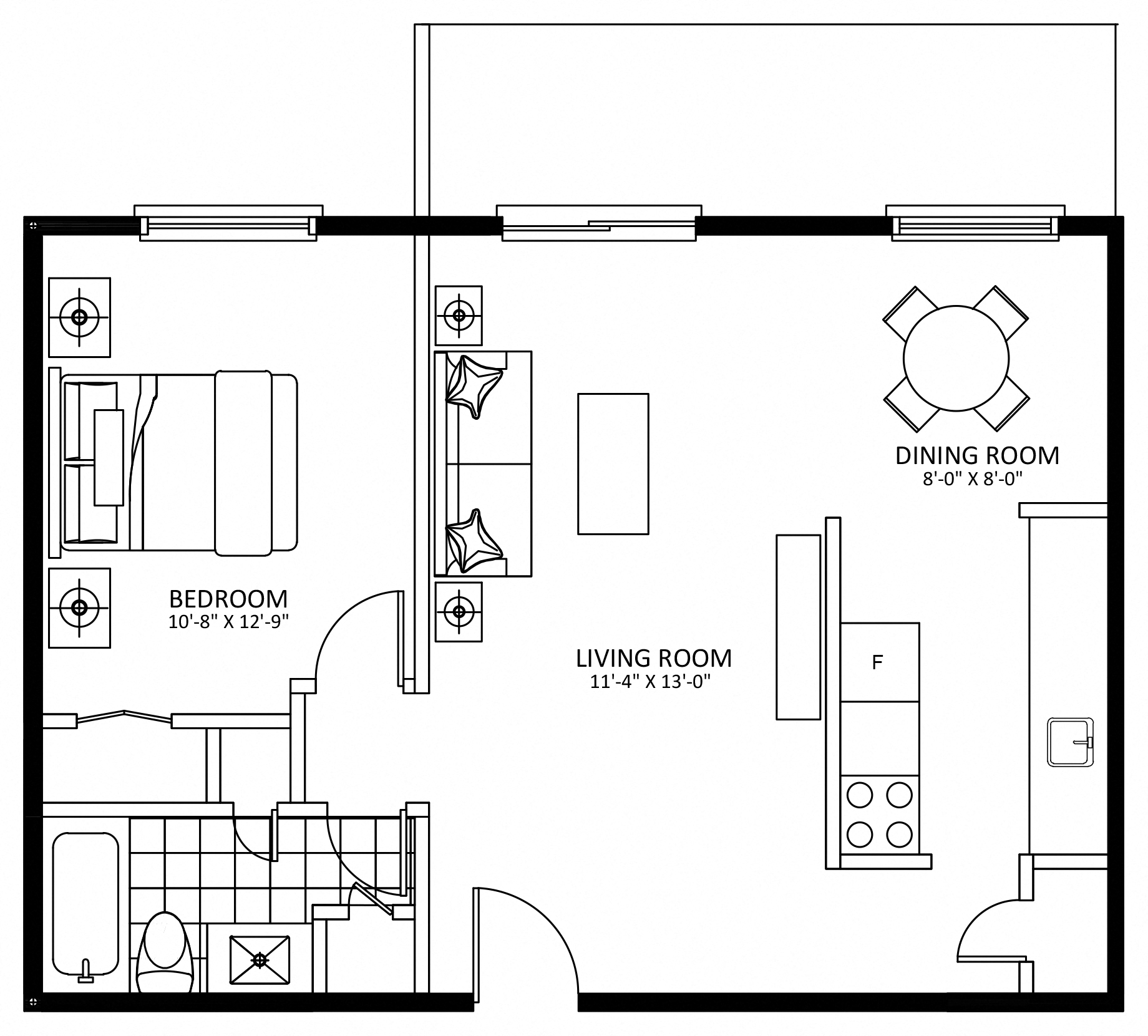 Floor plan for 1 bed, 1 bath, 893 sqft